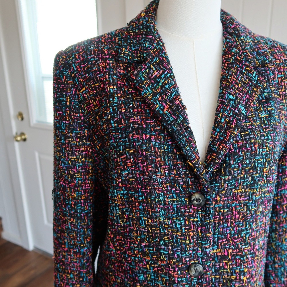 Vintage‎ Womens Blazer M Multicolor 100% Handwoven Silk Tweed 90s Dopamine Artsy
